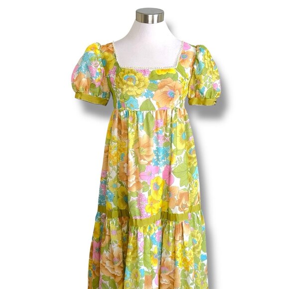 Vintage 1960s Womens Maxi Dress Sz Small Medium Boho Floral Puff Sleeve Tiered - Picture 3 of 10